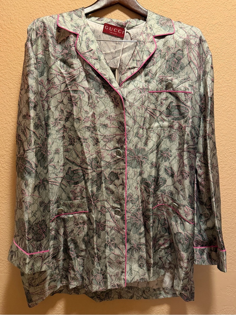 New Gucci GG Supreme Logo Floral Silk Pajamas Sleepwear Green Pink Size 44 US L - Picture 4 of 14
